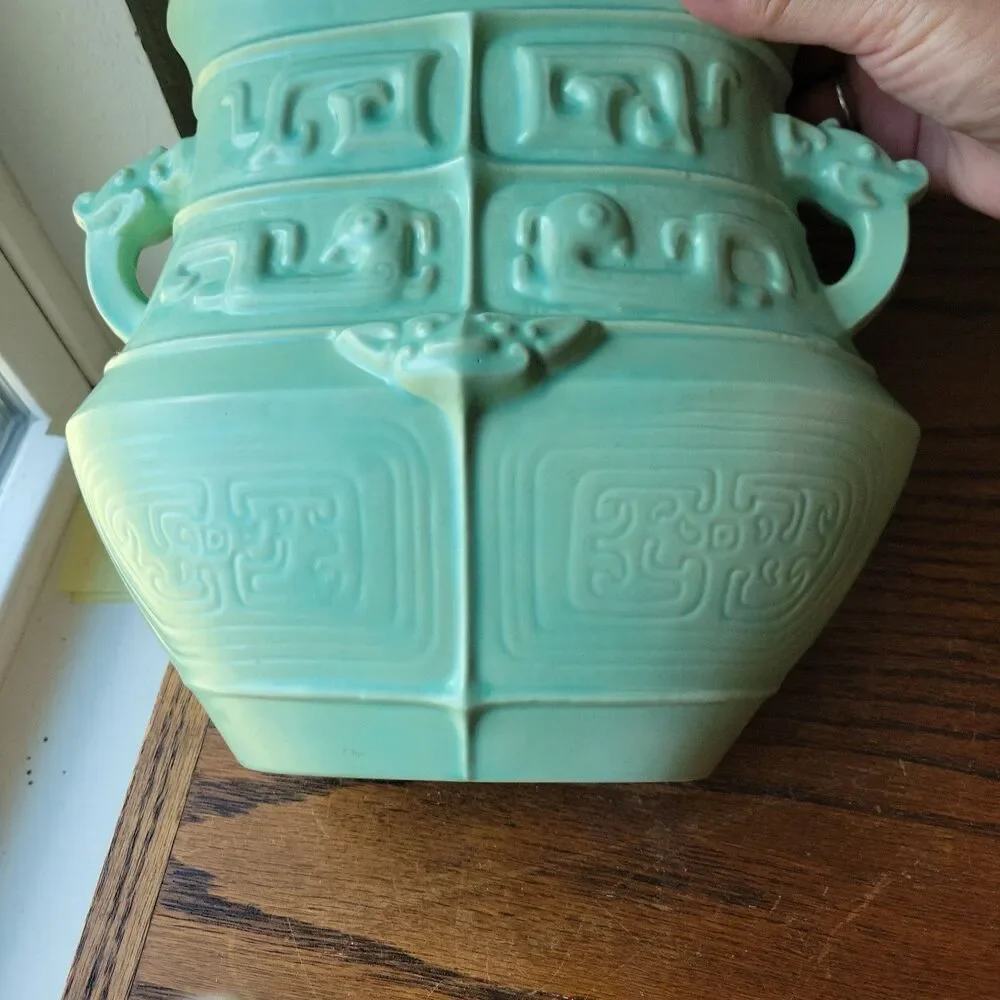Vtg Studio Art Pottery Urn Vase Dragon Handled Mayan Motif Signed Meryl RARE MCM